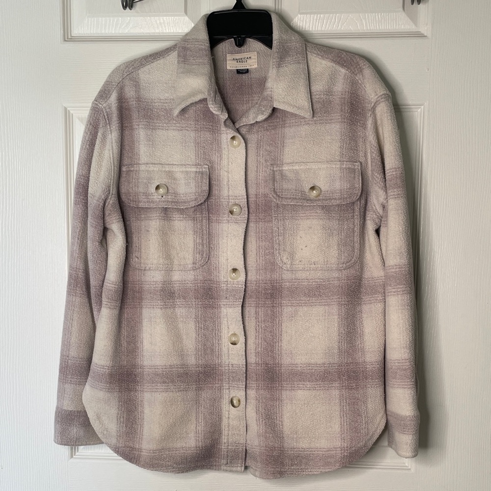 American Eagle Plaid Fleece & Love Button Down Shacket Flannel